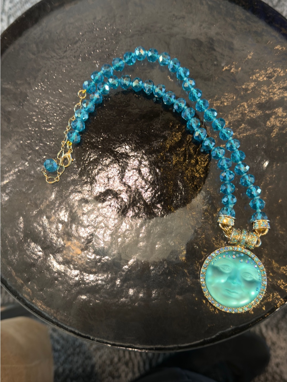 Kirks Folly Teal Blue Moon Face Pendant Necklace